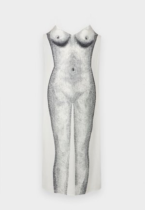 White dress with a printed body design in black, featuring thin straps and a fitted silhouette. Worn with black strappy heels.