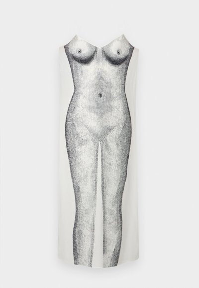 Φόρεμα χωρίς μανίκια με μονοχρωματικό εκτυπωμένο σχέδιο γυναικείου σώματος. Κατασκευασμένο από ελαφρύ ύφασμα με απαλό υλικό και ροή σε σχήμα.