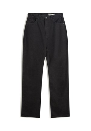 Svarta denimjeans med rak passform, femficksdesign, lätt textur och metalldetaljer. Inga synliga mönster.