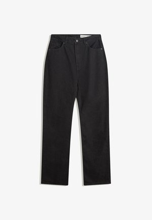 Črne jeans hlače s ravnim krojem, petimi žepi, lahko teksturo in kovinskimi detajli. Brez vidnih vzorcev.