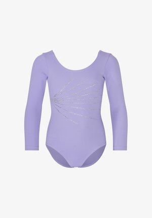 Lilac long-sleeve leotard with silver rhinestone burst design across front, round neckline, and fitted silhouette.