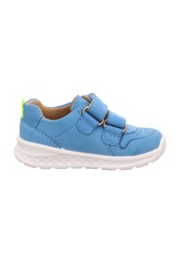 Blaue Ledersneaker mit doppelten Velcro-Riemen, weißer Gummi-Außensohle, strukturierten Details und einem neonfarbenen Akzent an der Ferse.