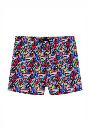Szorty kąpielowe z wielokolorowym geometrycznym wzorem, z elastycznym paskiem do regulacji i wykonane z lekkiego, szybko schnącego materiału.