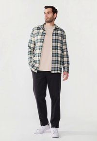 Vīriešu pleda krekls zaļā un krēmkrāsā, valkāts kopā ar bēša krāsas T-kreklu. Kombinēts ar melnām biksēm un baltām sporta kurpēm. Ikdienas stila un piegrieztuves.