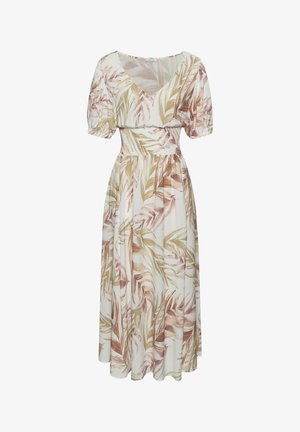 Bloemen midi-jurk met een V-hals, korte puffmouwen, smocktail en een lichte stof met roze en groene bladeren.