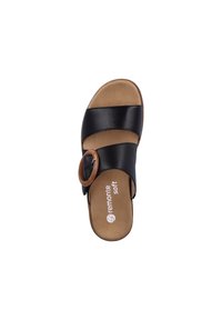 Black leather slide sandal featuring two wide straps and a circular wooden accent. Soft inner sole with "remonte soft" branding.