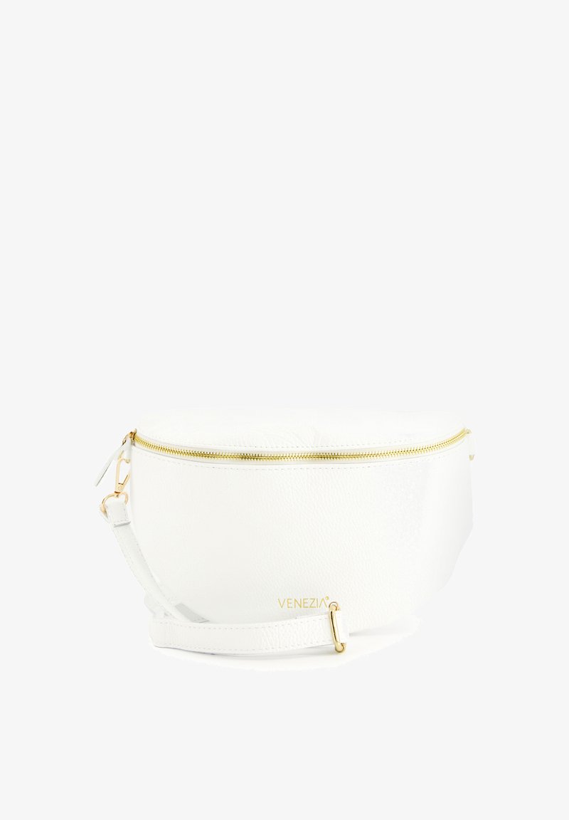 White faux leather bag with a rounded shape, gold zipper, and adjustable strap. Features a textured surface and logo detail on the front.