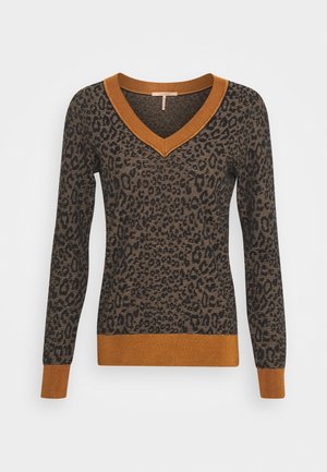Pullover-Pullover mit Leopardenmuster, tiefem V-Ausschnitt, langen Ärmeln und orange-braunen, gerippten Akzenten am Kragen und Saum.