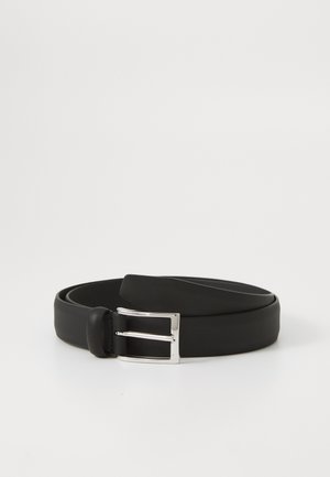 Black leather belt with a smooth texture, featuring a silver rectangular double-prong buckle and a rounded end. Minimalist design.