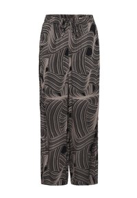 Pantaloni a gamba larga in tessuto nero con un motivo ondulato beige. Vita elastica con cordoncino regolabile per un comfort ottimale.