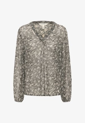 Black and white patterned blouse with a v-neck, long sleeves, and gathered cuffs. Made from lightweight, textured fabric with a floral design.