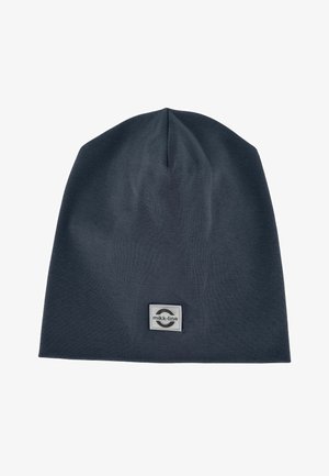 Beanie grigio scuro realizzato in materiale morbido e elastico. Presenta un design semplice e arrotondato con una toppa del logo sul davanti.