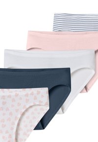 Fünf Paare Damenunterhosen in verschiedenen Farben: rosa, weiß, marineblau und ein weißes Paar mit kleinen rosa Herzmustern. Aus weichem Baumwollmaterial.