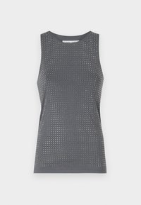 Top sin mangas de color gris oscuro con pequeños tachuelas cuadradas brillantes cubriendo uniformemente el frontal y un escote redondo.