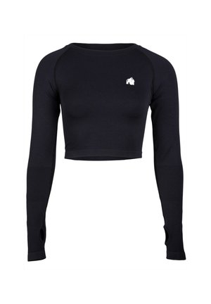 Schwarzes, kurzes Langarmoberteil aus elastischem Material. Hat eine enge Passform, Mesh-Details an den Ärmeln und ein kleines weißes Logo auf der Brust.