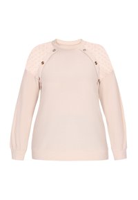 Heller beiger Pullover mit strukturiertem Oberteil und Spitzenakzenten an den Schultern. Mit langen Ärmeln und Druckknopfdetails an den Schultern.