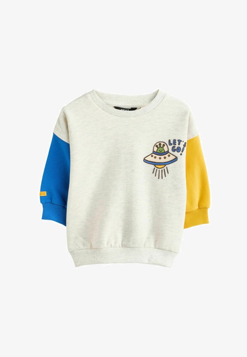 Cremefarvet toddler-sweatshirt med blå og gule ærmer, UFO-grafik og tekst med "Let's Go!" på fronten.
