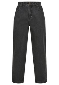 Sorte denim jeans med lige ben, høj talje, knaplukning og klassisk fem-lomme design. Har en subtil fade-effekt.