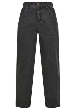 Black denim jeans with a straight-leg cut, high waist, button fly, and classic five-pocket design. Features subtle fading texture.