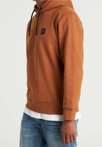 Muž v rezavě hnědé mikině s černými šňůrkami, malým černým logem na hrudi, modrých džínách a bílém tričku pod ní.