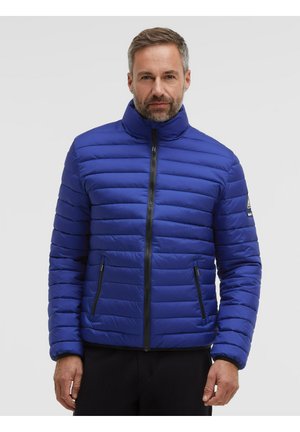Man wearing a blue quilted puffer jacket with black zipper pockets and a high collar, standing against a plain light background.