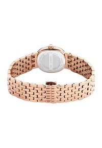 Rožu zelta pulksteņi ar saistītu metāla siksniņu. Apaļa korpusa forma, safīra pārklājuma stikls un teksturēta sudraba aizmugure ar zīmola identifikāciju.