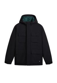 Black hooded jacket with green lining, featuring four front pockets and a zip closure. Made from durable fabric with a relaxed fit.