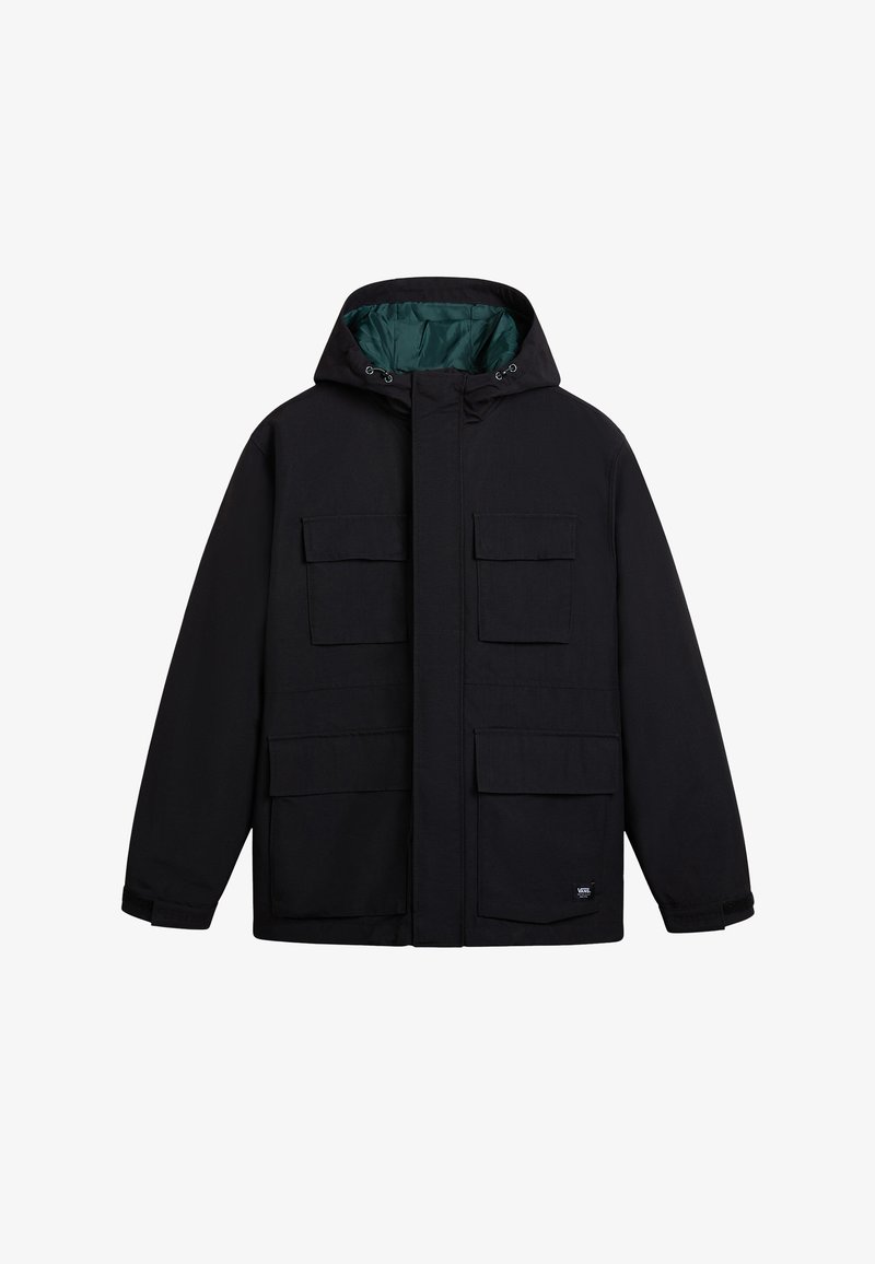 Black hooded jacket with green lining, featuring four front pockets and a zip closure. Made from durable fabric with a relaxed fit.