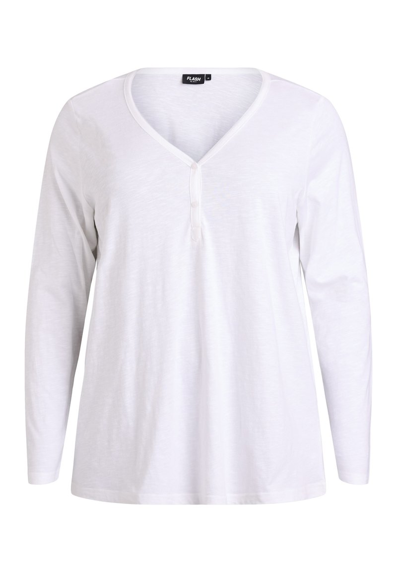 Baltas ilgomis rankovėmis marškinėlis su V formos iškirpte ir trimis mygtukais prie kaklo. Pagamintas iš minkštos, lengvos medžiagos su švelnia tekstūra.