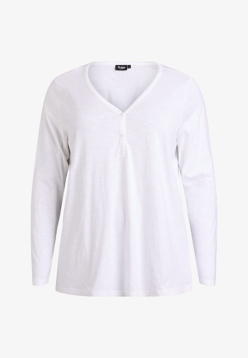 Biele tričko s dlhým rukávom, výstrihom do V a tromi gombíkmi pri výstrihu. Vyrobené z mäkkej, ľahkej tkaniny s jemnou textúrou.