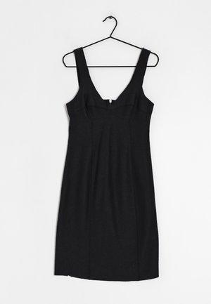 Black sleeveless dress with a deep V-neck, fitted silhouette, and textured straps. Features a back zipper and vertical seam details.