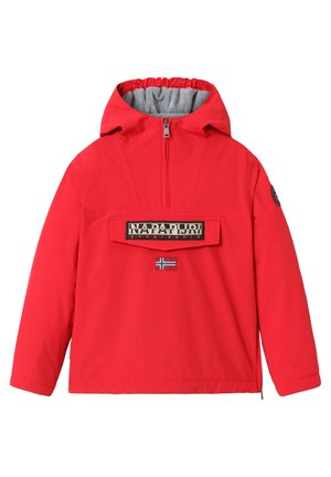 Czerwony pulower z kapturem wyściełanym szarą podszewką, zamkiem z przodu i naszytą kieszenią. Posiada logo oraz mały detal w postaci norweskiej flagi.