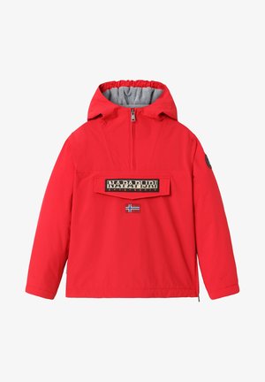 Giacca a pullover rossa con cappuccio foderato in grigio, zip frontale e tasca applicata. Presenta un logo e un piccolo dettaglio con la bandiera norvegese.