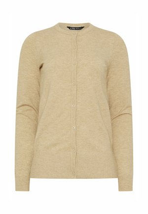 Cardigan beige a maniche lunghe con bottoni, scollo rotondo e polsini e orlo a coste.