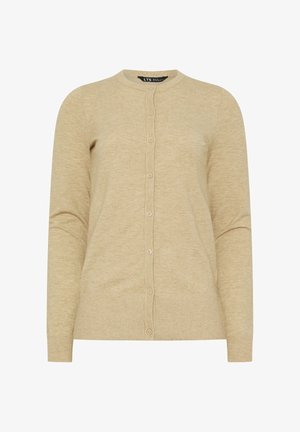 Beiger, langärmeliger, zum Knöpfen geeigneter Cardigan mit rundem Ausschnitt sowie gerippten Bündchen und Saum.