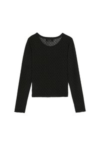 T-shirt noir à manches longues en tissu texturé, avec un col rond et un design court, présentant des détails de motifs subtils tout au long.