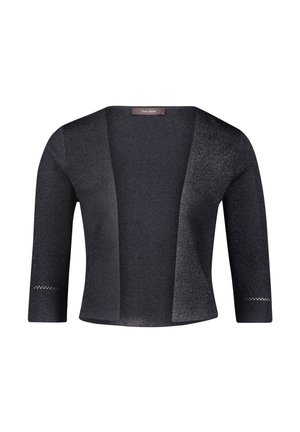Černý cardigan s otevřeným předním dílem, tříčtvrtečními rukávy, metalickým vláknem a malými výřezovými detaily na okrajích rukávů.