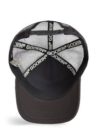 Black cap with a solid dark front, mesh back, and embroidered "GOORIN" branding along the inner band and seams. Features a curved brim.