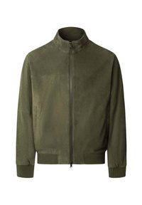 Veste bomber vert olive avec un col montant, fermeture éclair sur le devant, poignets côtelés, poches latérales et un tissu lisse et texturé.