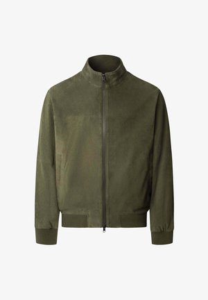 Oliwkowa kurtka bomberka z stójką, zamkiem z przodu, ribbed mankietami, kieszeniami po bokach oraz gładkim, teksturowanym materiałem.