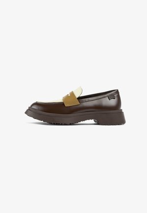 Brown leather loafer with a textured brown sole, featuring a contrasting yellow and cream band across the upper. Low-cut design.