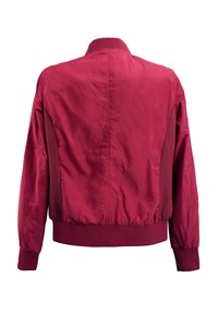 Maroon bomber jacket with a smooth texture, ribbed cuffs, and a waistband. Features mesh side panels for breathability.
