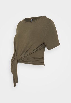 Olive green short-sleeve fitted t-shirt with a round neck and a front knot tied on the left side.