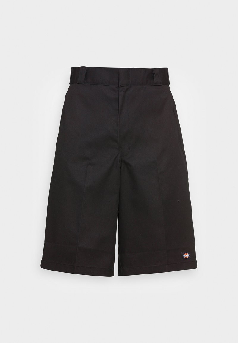 Black cotton shorts with a straight cut, knee-length, featuring a visible brand logo on the hem and a smooth texture.