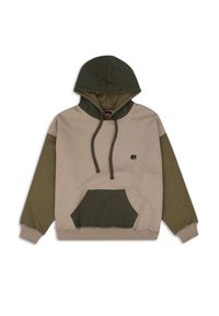 Bluza z kapturem w kolorze beżowym z oliwkowymi rękawami i kapturem, z kieszenią na przodzie oraz haftowanym logiem słonia. Wykonana z materiału bawełnianego.