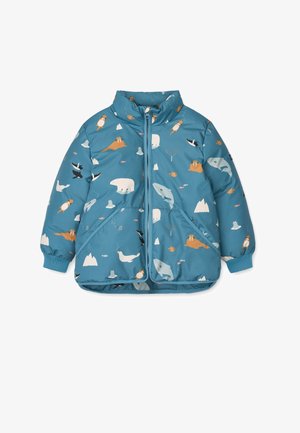 Giacca imbottita azzurro chiaro con diversi motivi di animali, tra cui orsi polari e balene, con polsini elasticizzati e chiusura frontale con zip.