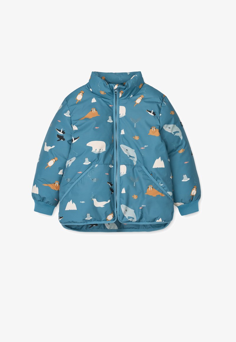 Világoskék párnázott dzseki, különböző állati motívumokkal, beleértve a jegesmedvéket és a bálnákat, elasztikus mandzsetta és elöl cipzáros záródás.