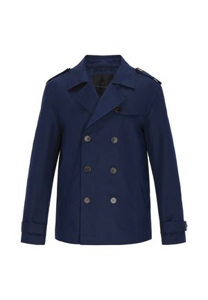 Gabardina cruzada azul marino con cuello con muescas, hombreras, dos bolsillos laterales y botones metálicos. Tejido liso e impermeable.