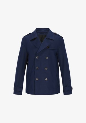 Marineblauwe dubbelgeknoopte trenchcoat met reverskraag, schouderepauletten, twee zijzakken en metalen knopen. Gladde, waterdichte stof.