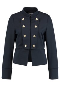 Marinblå jacka med hög krage, framknappar och skräddarsydd passform. Tillverkad av ett slätt tyg med långa ärmar och en kort design.